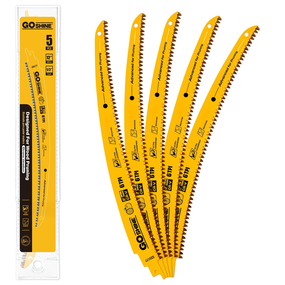 5 Pack,12 Inch Wood Pruning Reciprocating Saw Blades,6TPI Arc Pruning Blades for Reciprocating Saw, Japanese Teeth Sawzall Blades for Fast Tree Trimming & Wood Cutting,with Storage Box