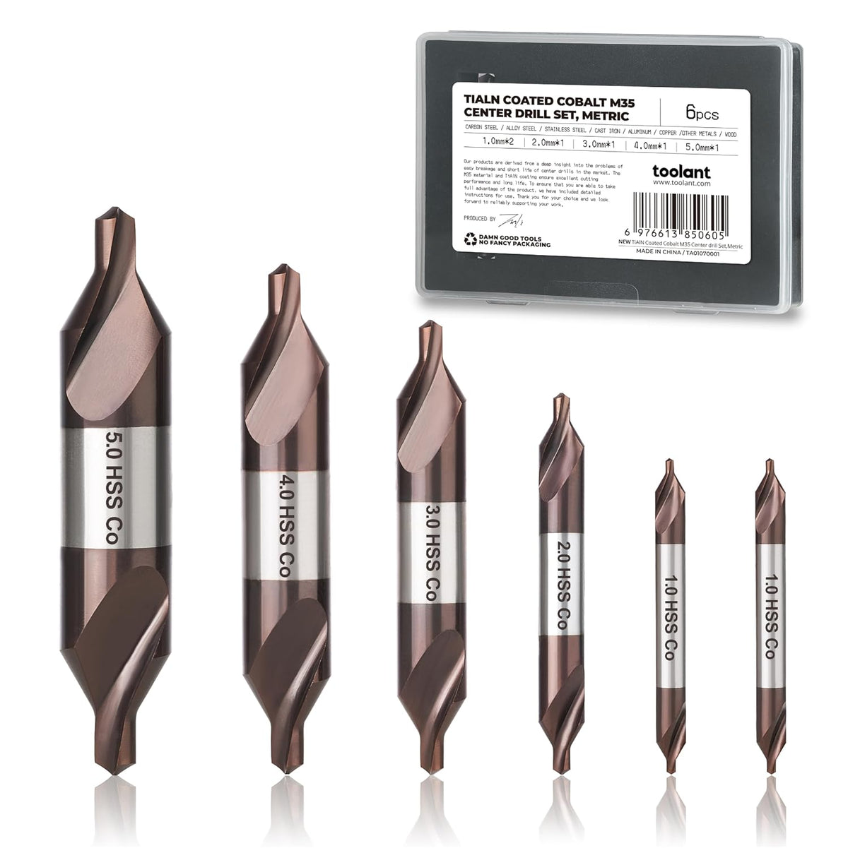toolant Center Drill Bit Set, TiAlN Coated Cobalt M35 HSS Centering Drill Bit for Stainless Steel, Carbon Steel, Alloy Steel, Cast Iron, Copper, Other Hard Metals, Metric 1-5mm (6pcs)