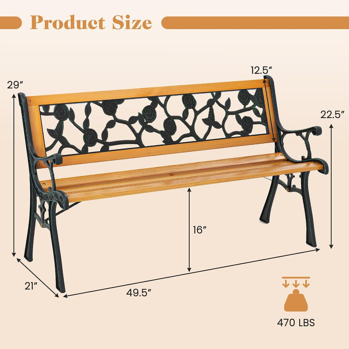 49.5" 3-Person Outdoor Bench with Floral Pattern Backrest | 470 Lbs Load, Garden Bench w/ Slatted Seat & Curved