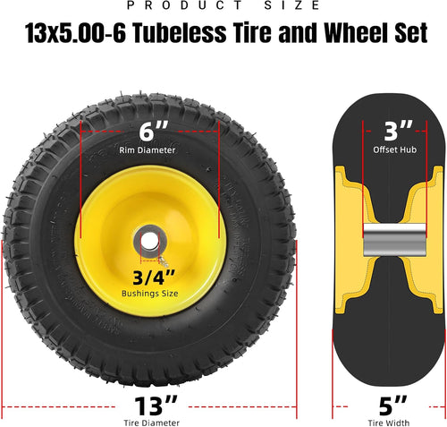 (2-Pack) 13x5.00-6 Front Tire and Wheel Assembly, 4-Ply Tubeless Turf Tire with Rim for Riding Mower Lawn Tractor