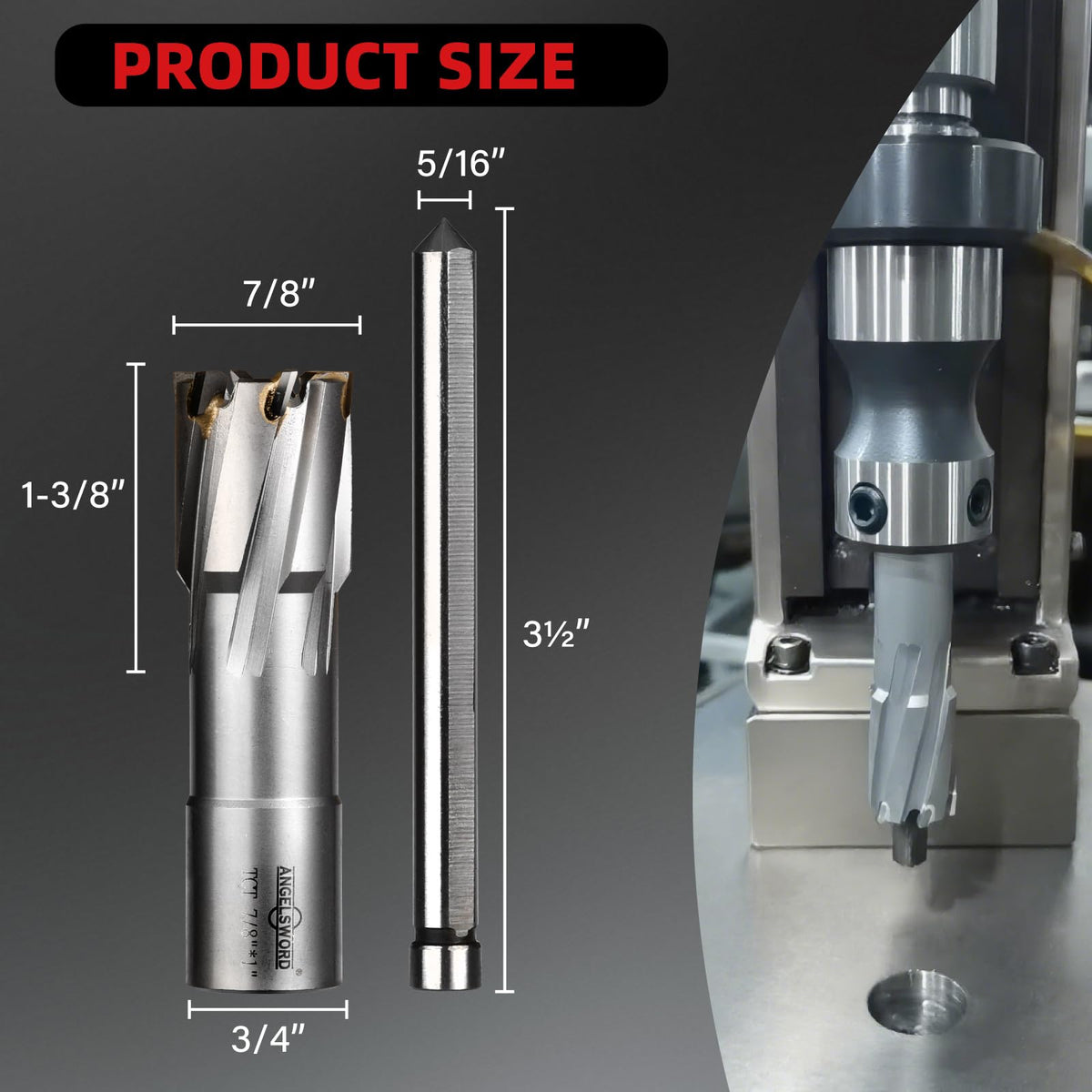 ANGELSWORD TCT Annular Cutter Diameter 7/8", Cutting Depth 1-3/8" Tungsten Carbide Tipped, Mag Drill Bits Kit for Magnetic Drill Press, with One 5/16"*3.5" Pilot Pin