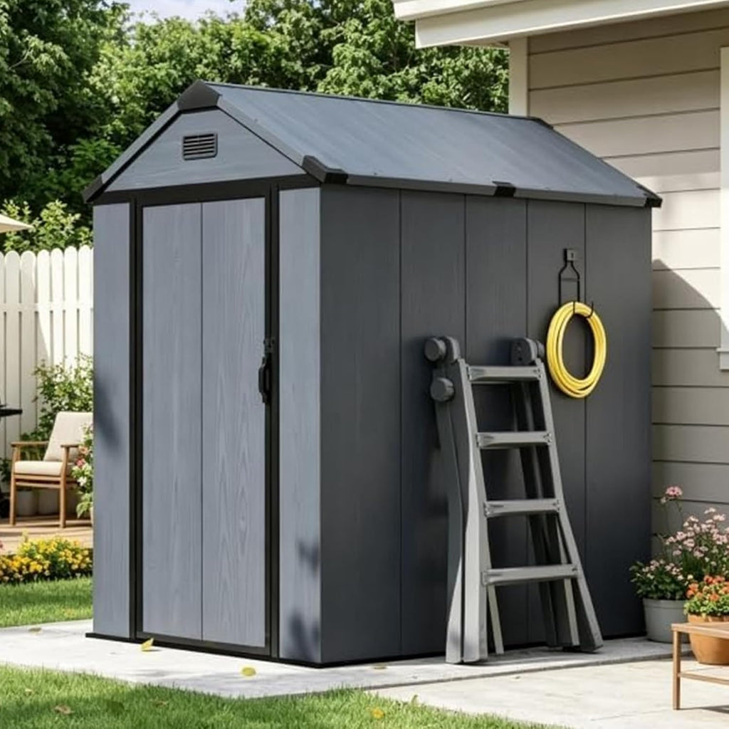 4×6 FT Resin Shed with Reinforced Floor, Outdoor Storage Shed, All-Weather Plastic Tool Storage with Lockable Door