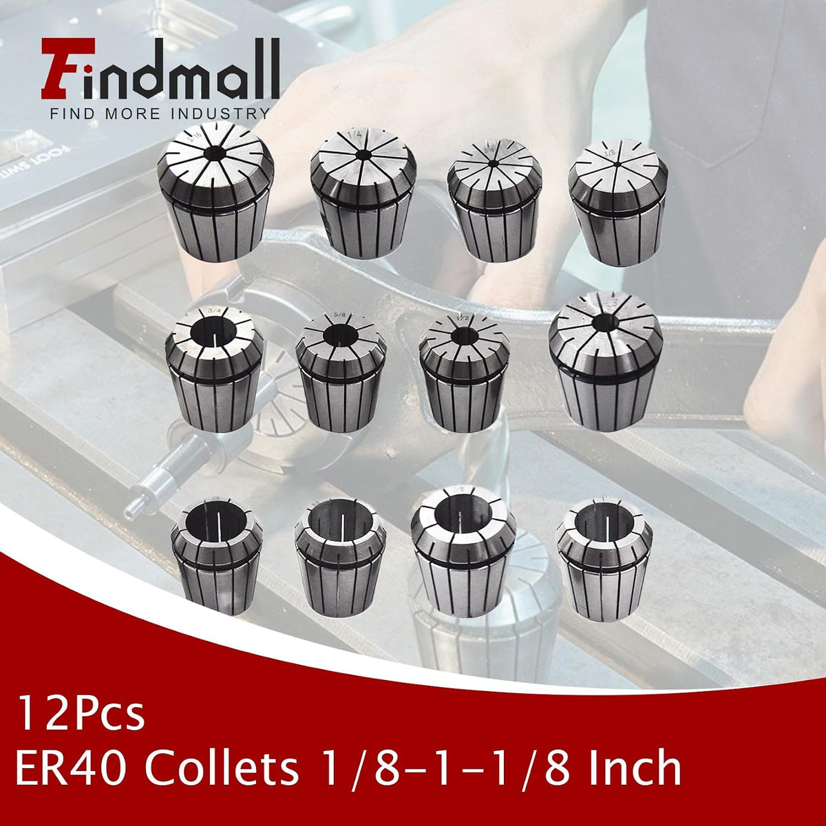 findmall 12Pcs ER40 Collets Common Size 1/8" – 1-1/8" for CNC and Lathe