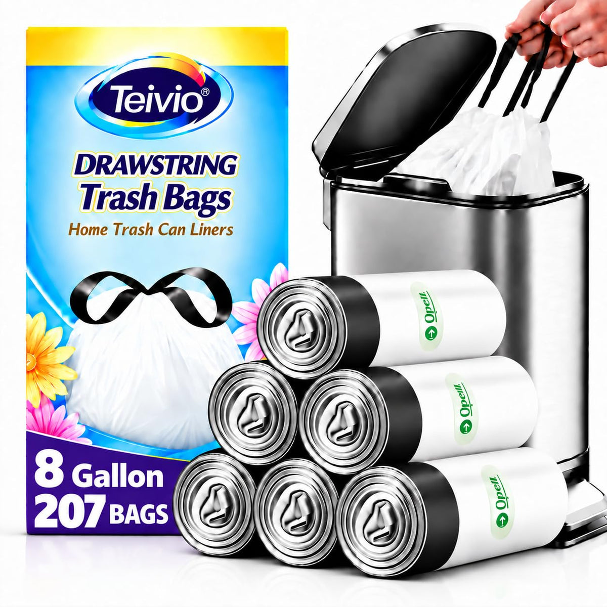 8 Gallon 207 Counts Strong Drawstring Trash Bags Garbage Bags, Medium Kitchen Trash Can Bathroom Bin Liners, Plastic