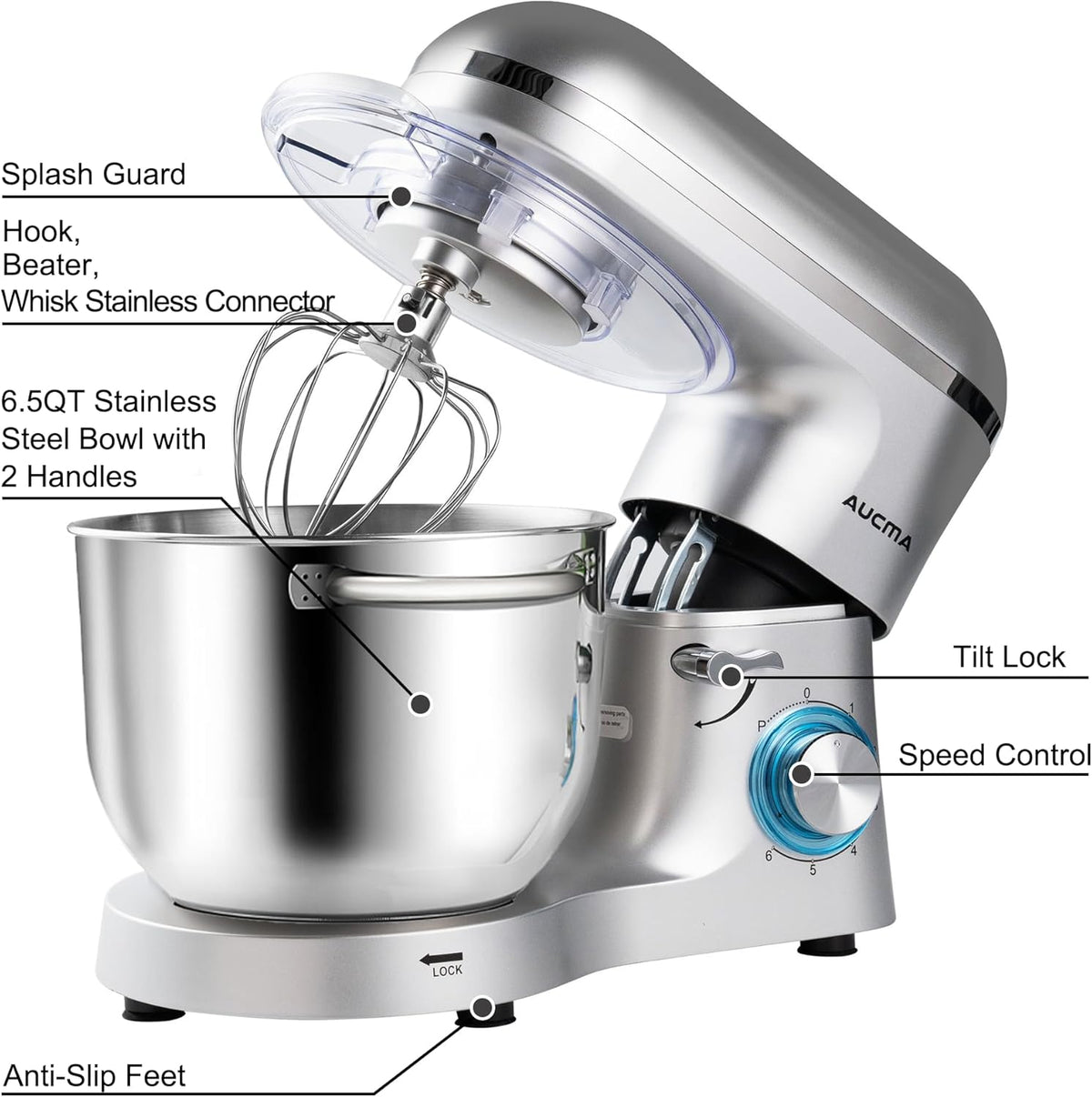 Stand Mixer,6.5-QT 660W 6-Speed Tilt-Head Food Mixer, Kitchen Electric Mixer with Dough Hook, Wire Whip & Beater