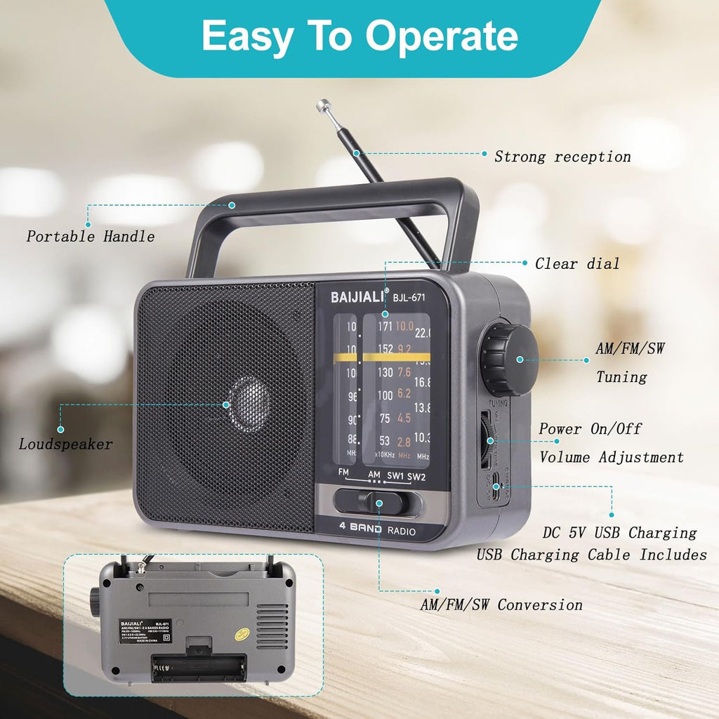 Portable AM/FM Transistor Radio with Loud Speaker, Battery or USB Powered | Compact Emergency Radio for Indoor