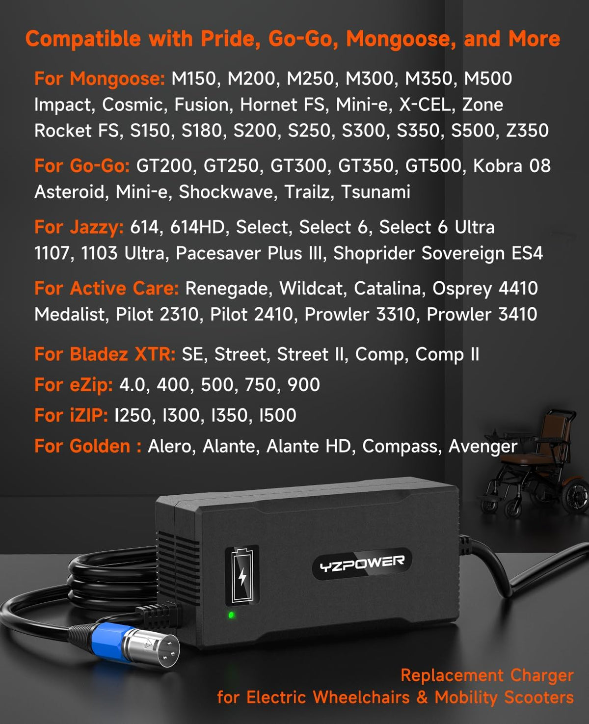 24V 5A Lithium Battery Charger for Electric Wheelchairs, 3-Pin XLR, Compatible with Pride Jazzy 614/1103 Ultra/Select 6, Go-Go ES2, Drive Medical, Rascal, Lakematic, Shoprider, Golden Tech Scooters