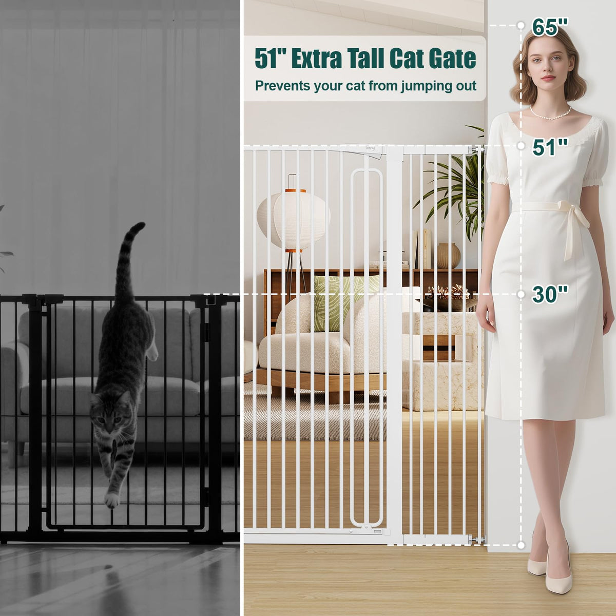 51" x 29.7-46" Wide Extra-Tall Full-Height Anti-Jump Cat & Pet Safety Gate with Narrow Bar Spacing & Double-Lock Walk-Through Door for Doorways & Stairs