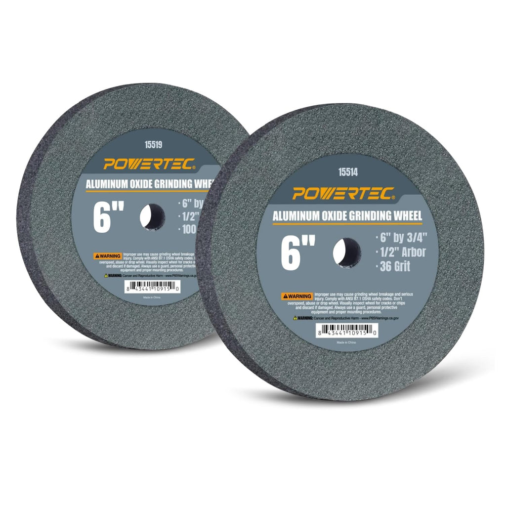 POWERTEC Bench Grinder Wheel 6 Inch, 36 & 100 Grit, Aluminum Oxide Grinding Wheel for Bench & Pedestal Grinder, 3/4" Thick 1/2" Arbor, Sharpening & Shaping Drill Bits, Blade, Chisel, 2PK (15530)