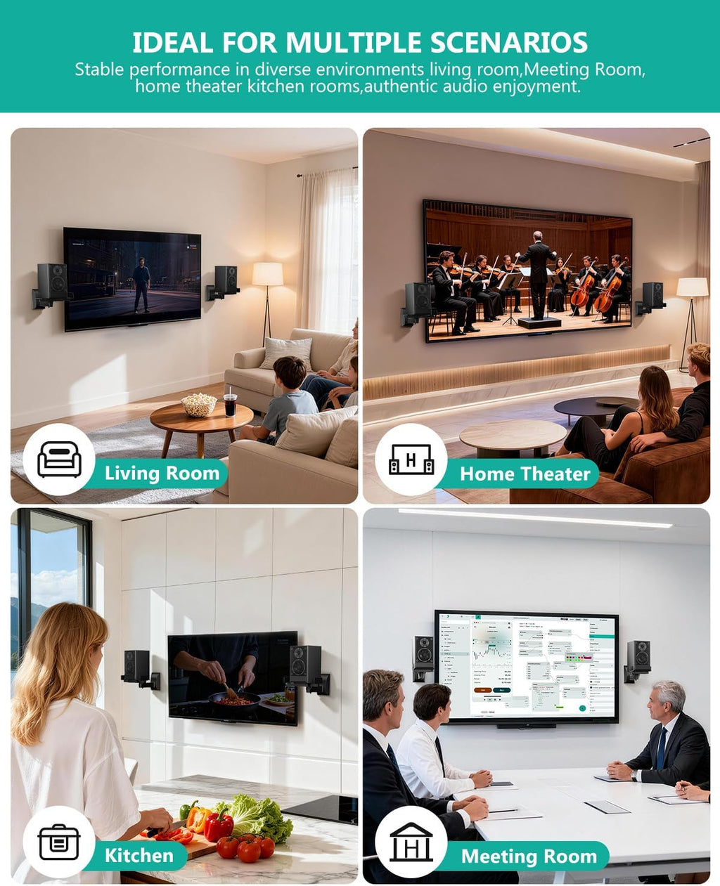 Speaker Wall Mount, Surround Sound Speaker Stand with Adjustable Swivel Tilt Angle, Standard Bookshelf Speaker Mount