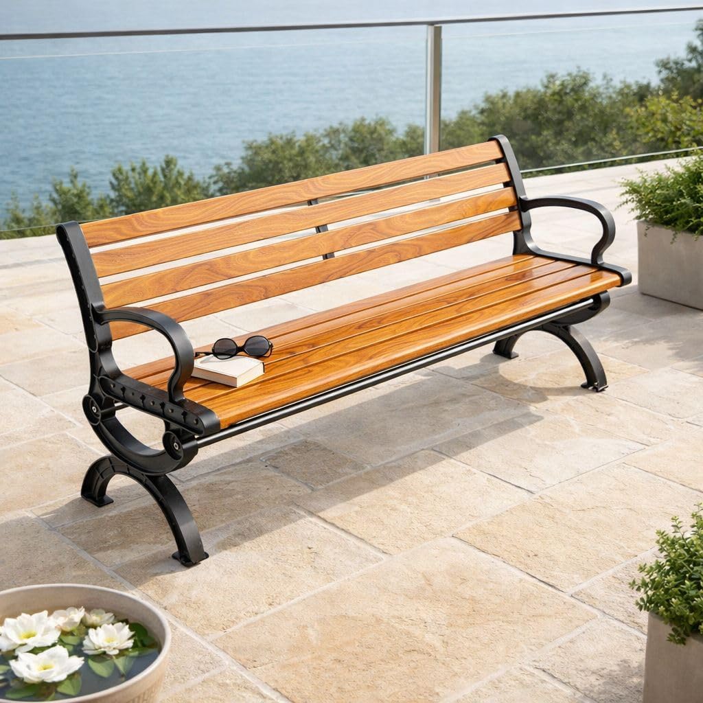 Heavy-Duty Outdoor Bench, Waterproof Park Bench Backyard Patio Garden Seating with Backrest Armrest, Wooden Slat with