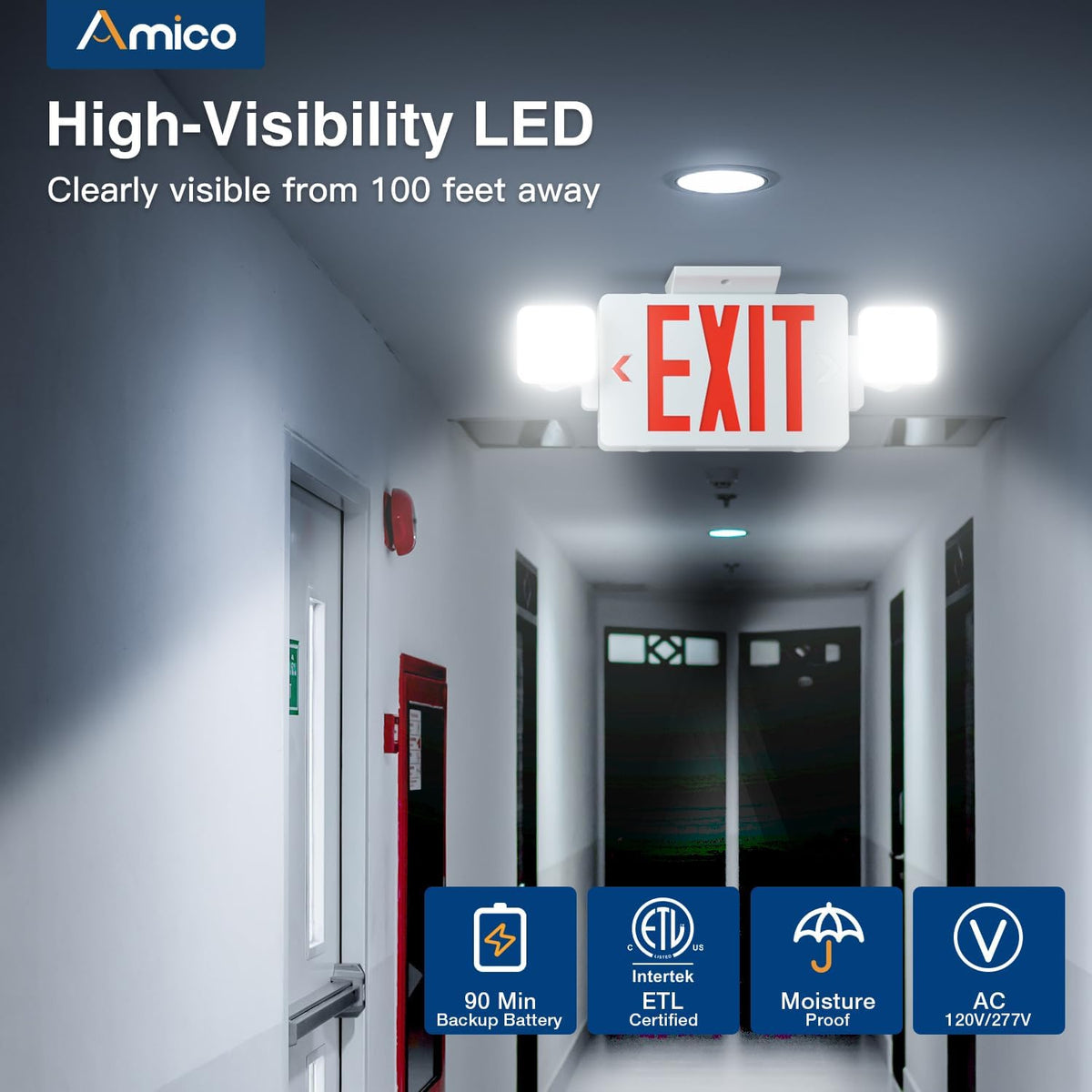 Amico 4 Pack Commercial Red Double-Sided Exit Sign with Large LED Light