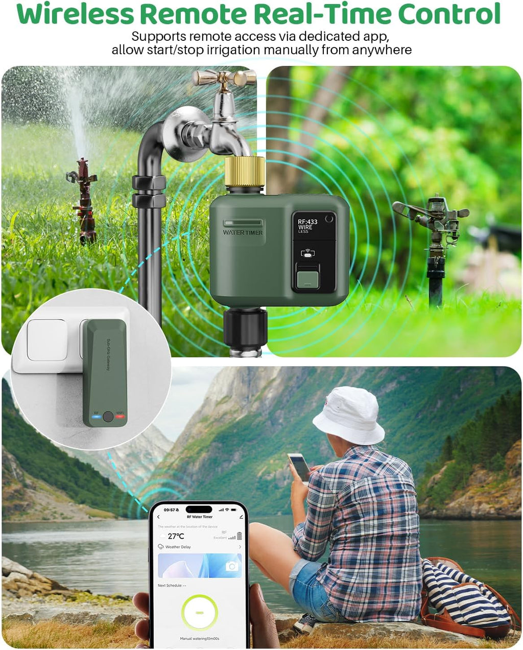 WiFi Water Timer for Garden Hose, Smart Sprinkler Controller with 984ft RF Range, Smart Lawn Watering System