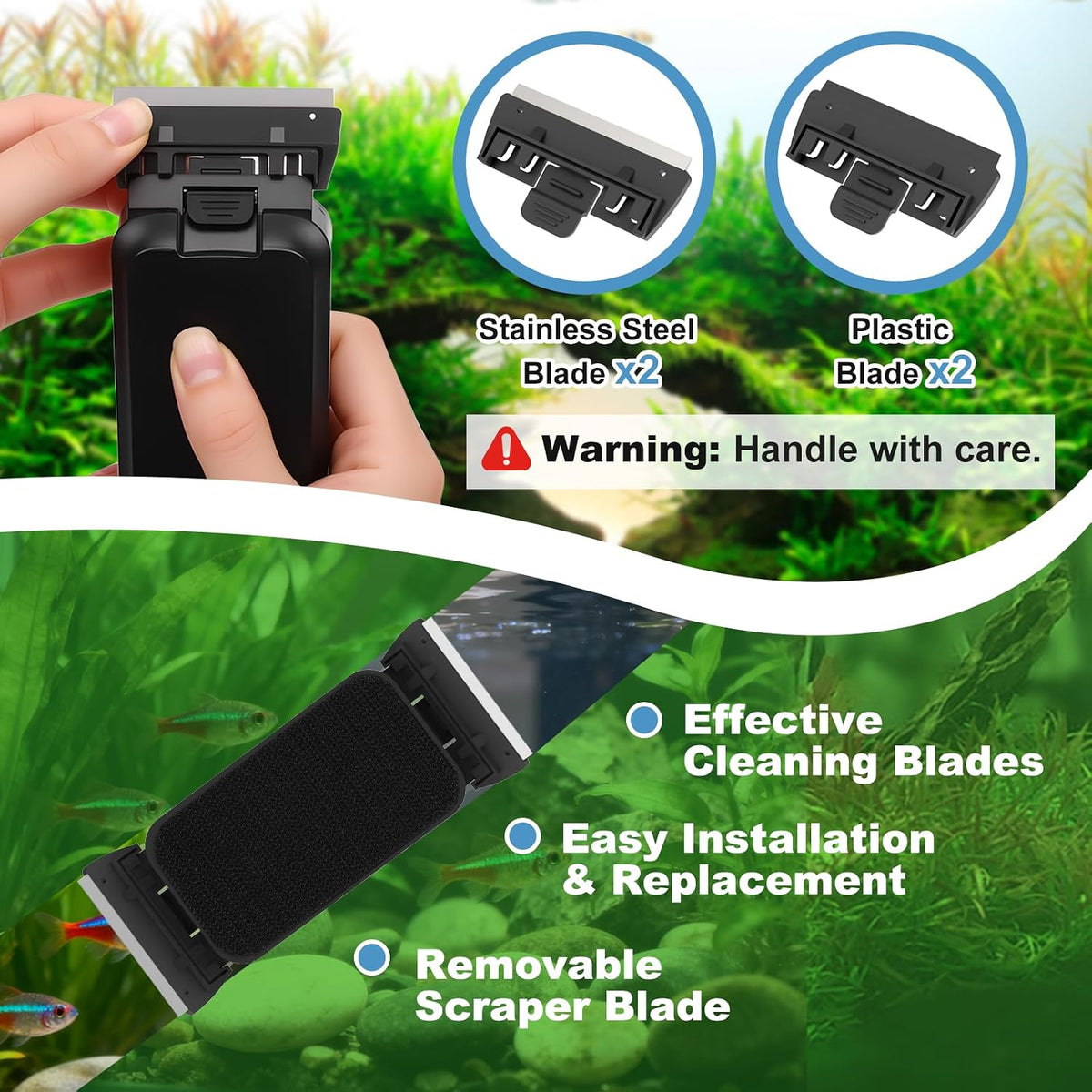 Dual-Blades Magnetic Aquarium Glass Cleaner with 4 Algae Scraper