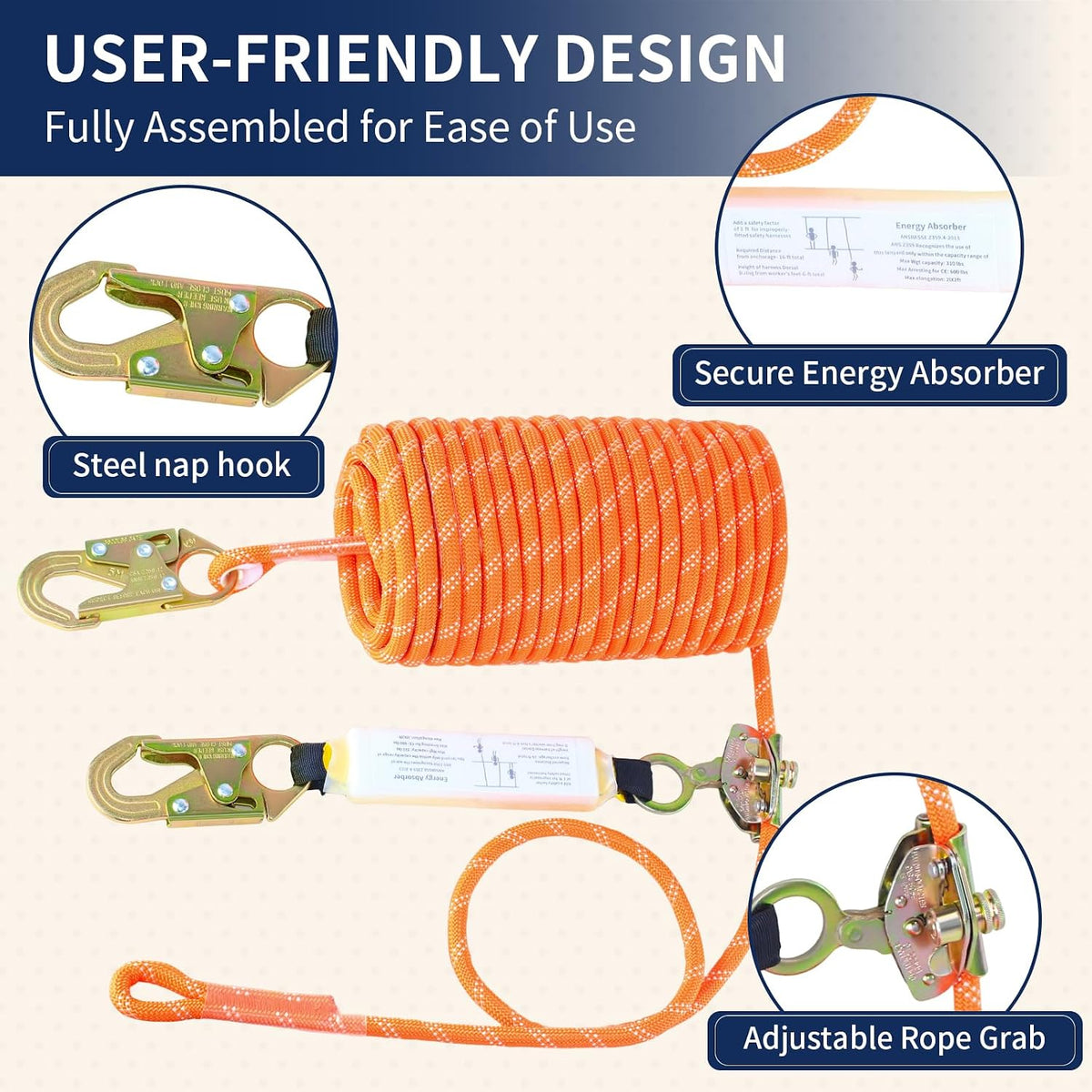 50FT Fall Protection Safety Rope, Heavy Duty Vertical Roofing Rope | Rope Harness Safety Lanyard with Grab Snap Hooks