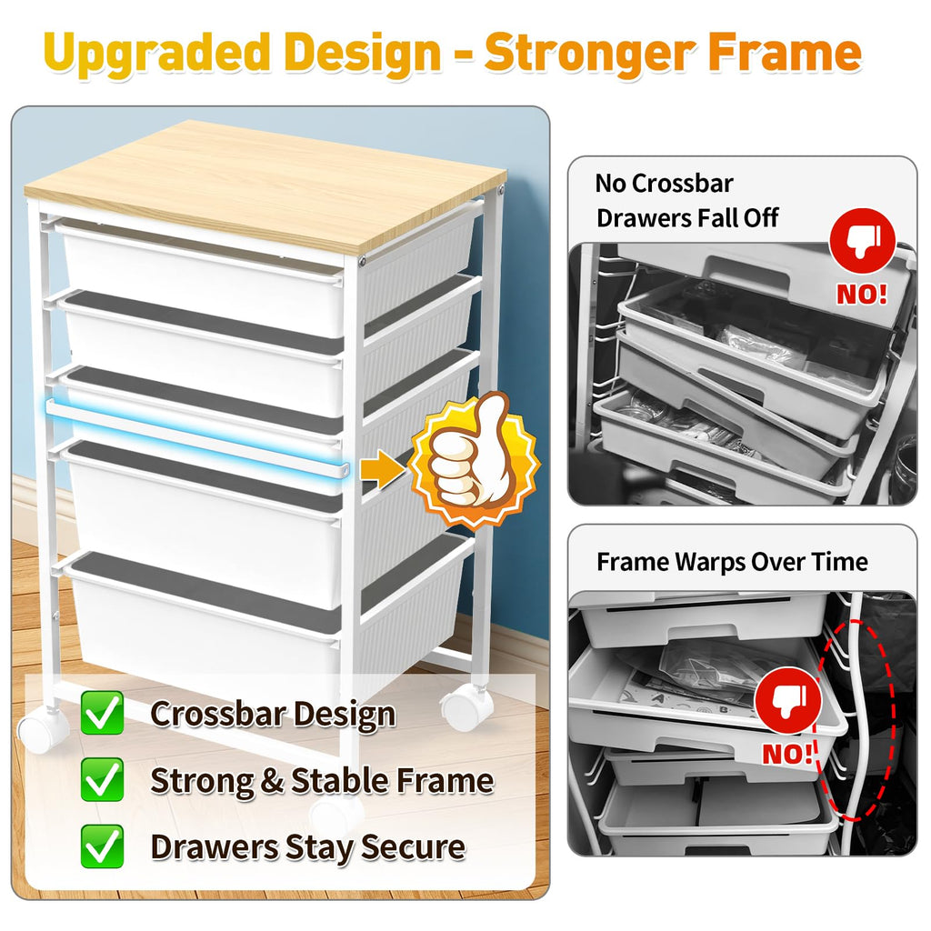 Rolling Carts With 5 Drawers, Storage Drawer Carts for Craft, White