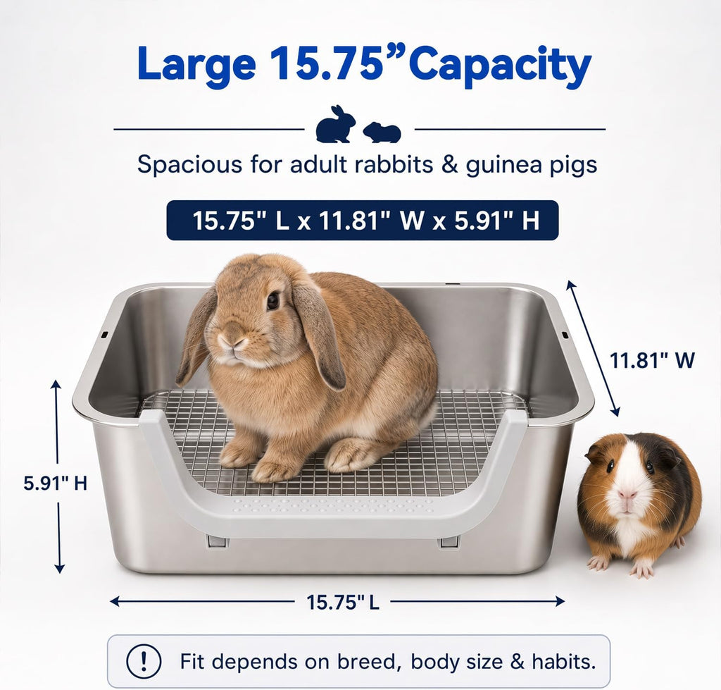 Rabbit Litter Box, 15.75" Large Stainless Steel Bunny Pan, Low Entry Corner