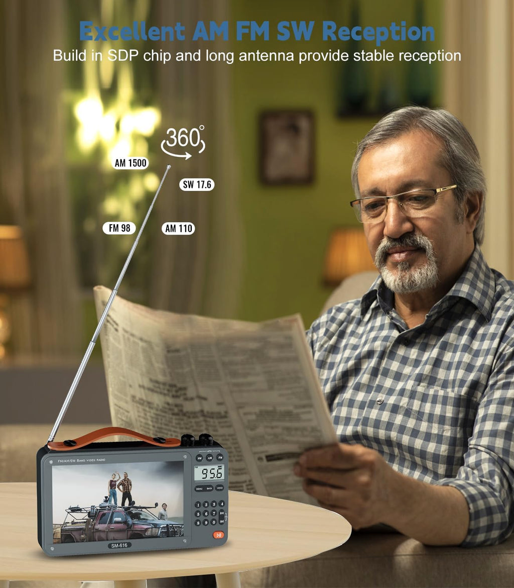 720P 7Inch Screen AM FM Movie Video Radio with Bluetooth Speaker, Rechargeable Digital Shortwave MP3 MP4 Player