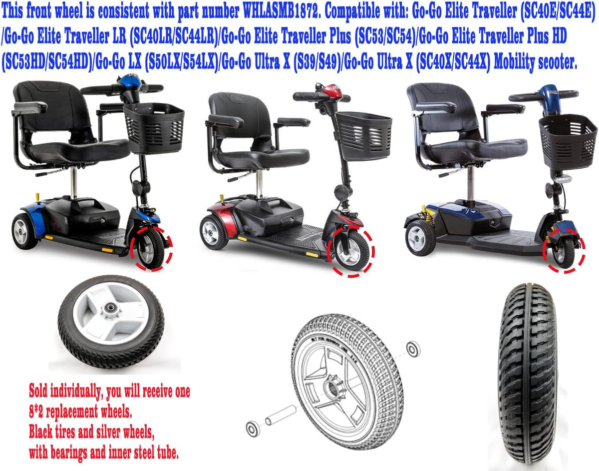 Mobility scooter replacement wheel,8"x2" (200x50) Flat-Free Front Wheel Tri-Spoke Rim for Go-Go & Pride 3-Wheel Travel Mobility Scooters (WHLASMB1872),W/bearing,Silver+Black,1Ea