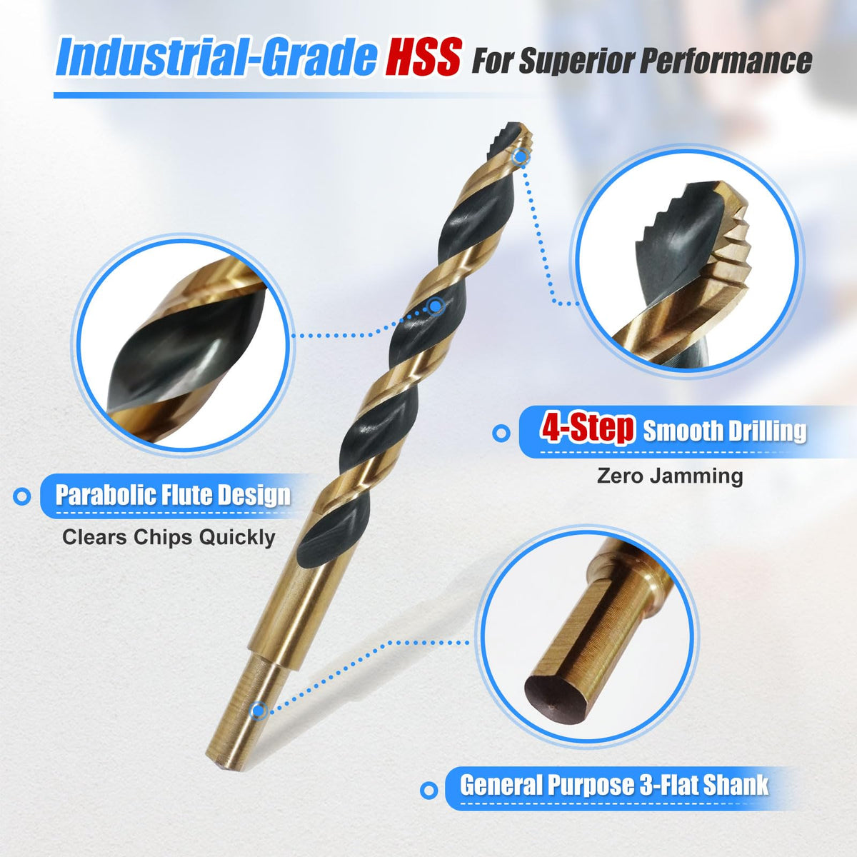 HIGHFIRE 29 Pieces HSS Stepped Point Drill Bit Set 1/16"-1/2", Gold and Black 3-Flat Shank for Metal, Steel & Acrylic - No Pilot Hole Needed - Industrial, MRO & DIY Use