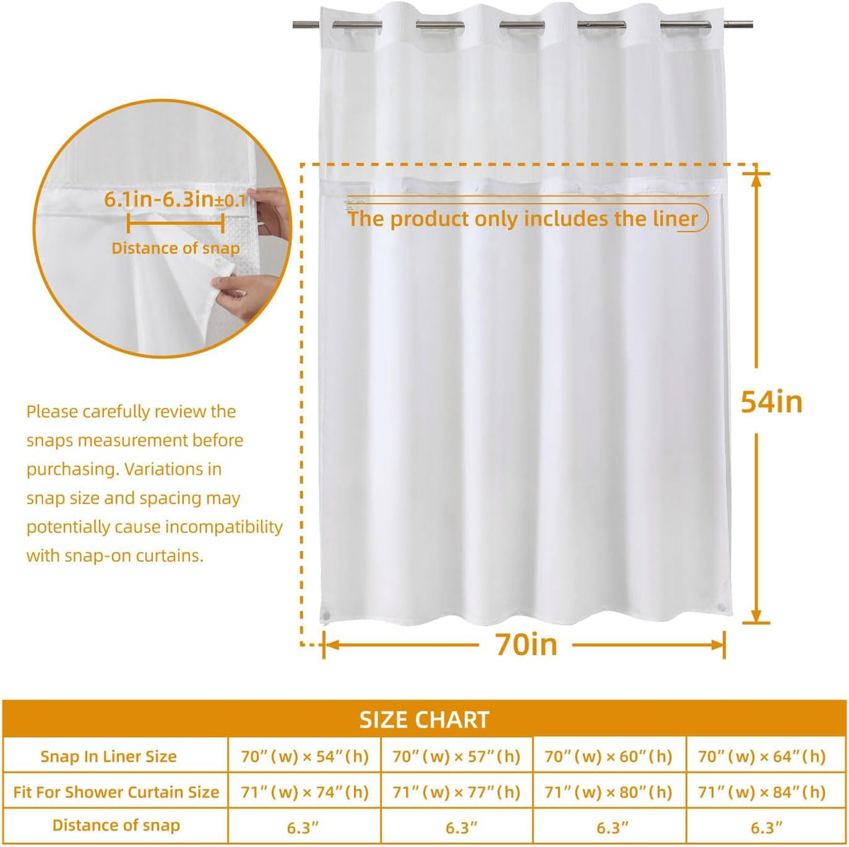 1 Pack Fabric Snap-in Shower Curtain Liner Replacement,Compatible with No Hook Shower Curtain with Snap in Liner