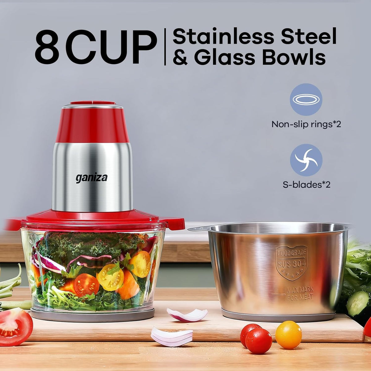Food Processors with 2 Bowls, 450W Meat Grinder Vegetable Chopper | 2-Speed Electric Food Chopper with 8 Cup Glass &