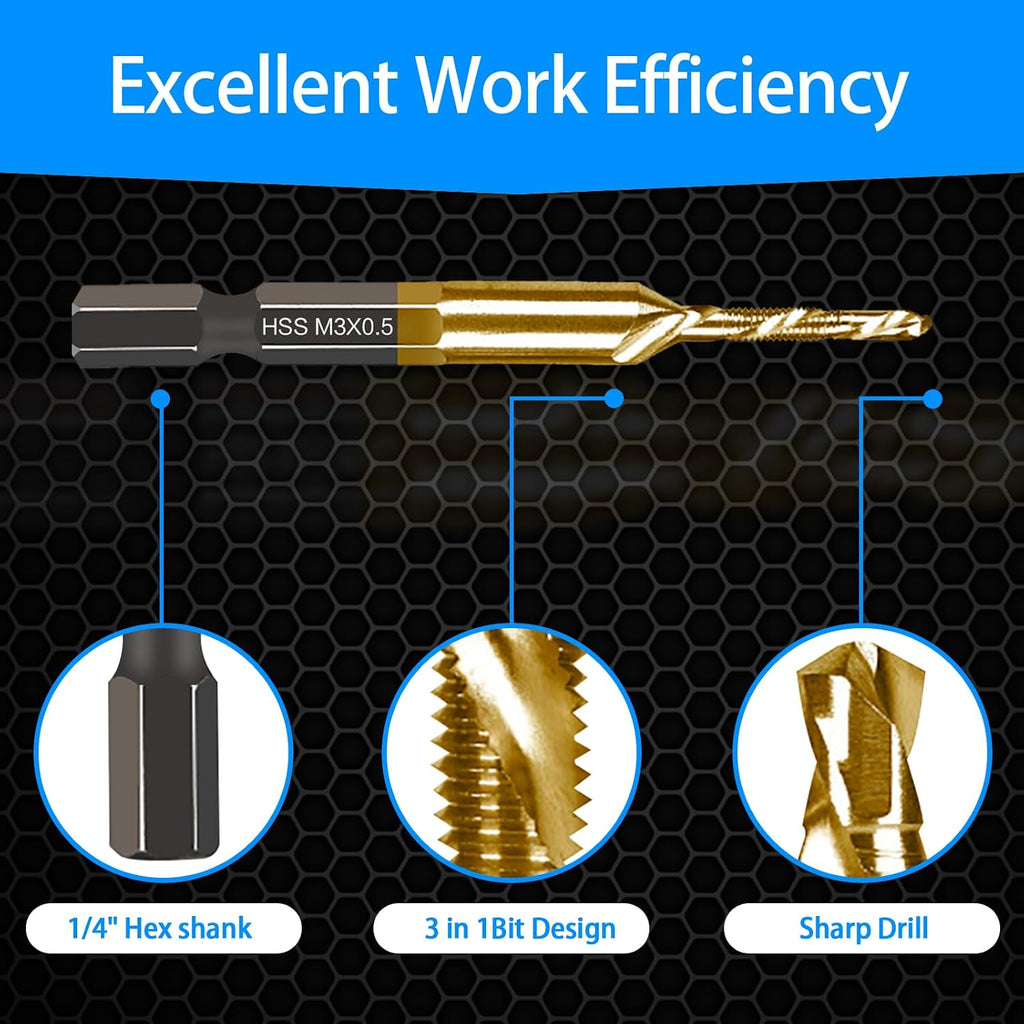 DKIBBITH 6-pc Metric M3 Combination Drill Tap Bit Set, M3*0.5 Thread Size, Titanium Coated High-Speed Steel, Ideal for Drilling and Threading in Soft Metal Wood and Plastic,1/4" Hex Shank
