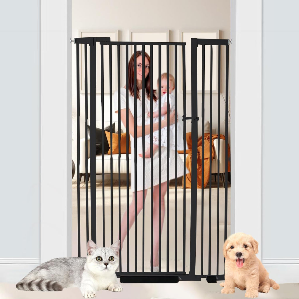 55.1" x 29.92-43" Extra-Tall Adjustable Hardware/Pressure-Mounted Pet & Child Safety Gate with Dual-Lock Walk-Through Swing Door for Stairs, Hallways & Wide Doorways — Black