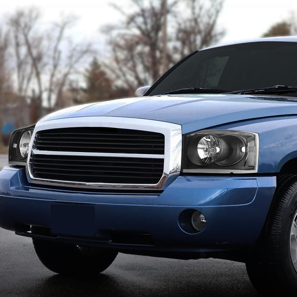 Headlight Assembly Compatible with Dodge Dakota 2005-2007 Black Housing Clear Corner Left Right Headlamp Set CH2502170 CH2503170 55077607AC 55077606AC