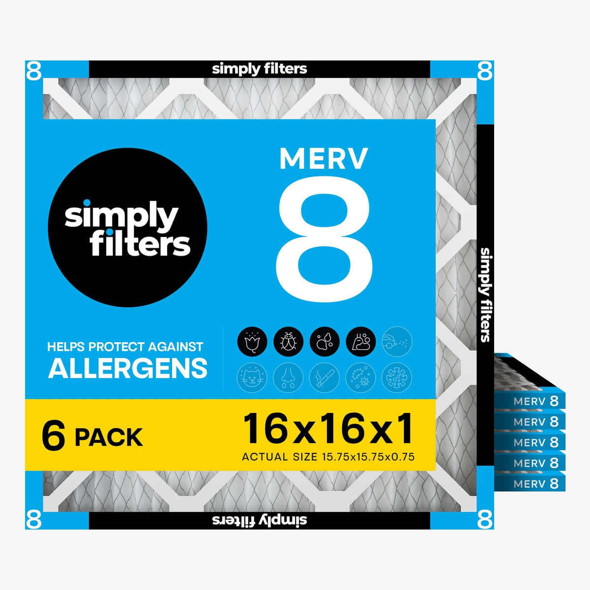 16x16x1 Air Filter, Merv 8, MPR 600, 6 Pack, Furnace Air Filter for HVAC (Actual Size: 15.75"x15.75"x0.75") DUST
