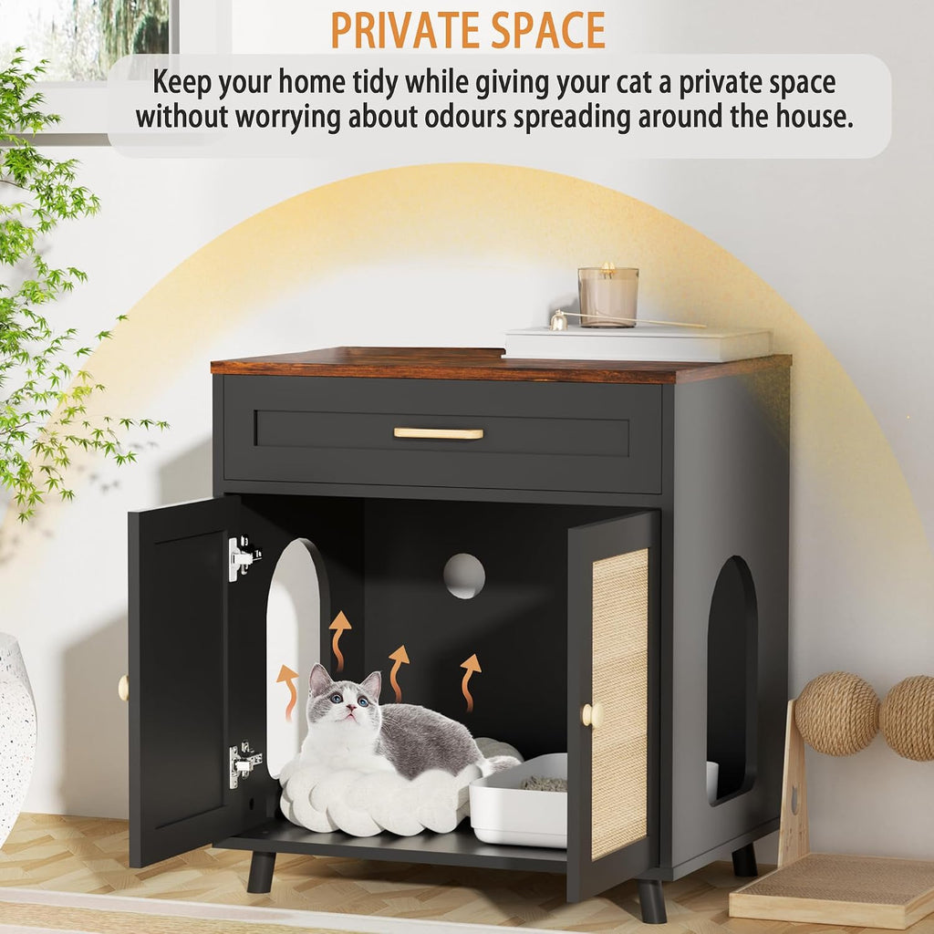 Cat Litter Box Enclosure Hidden Cat House with Scratching Board Doors