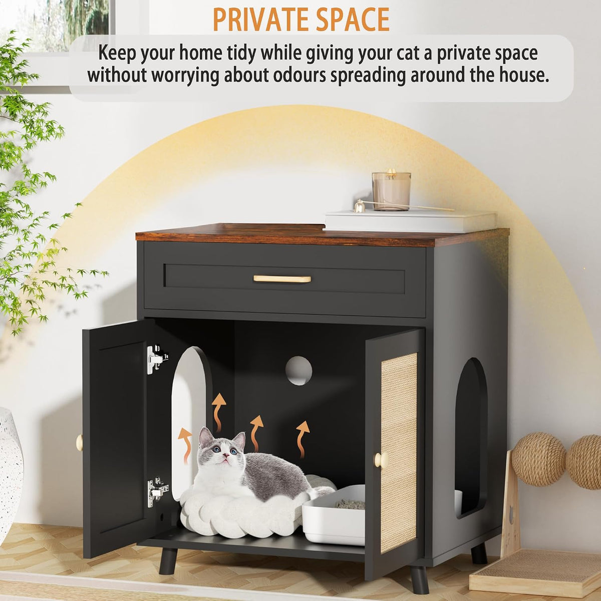 Cat Litter Box Enclosure Hidden Cat House with Scratching Board Doors