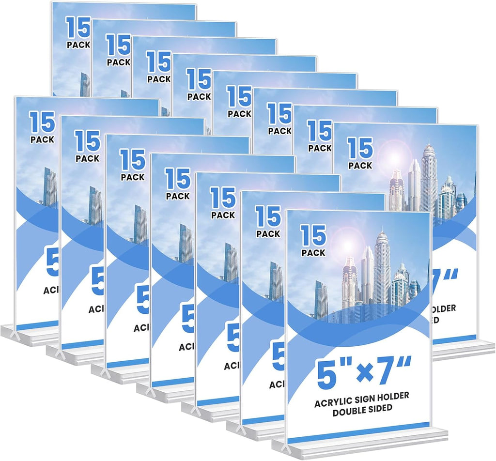 Acrylic Sign Holder, 5x7, 15 Pack Vertical Clear Table Menu Display, Double Sided, Plastic Stand, Suitable for