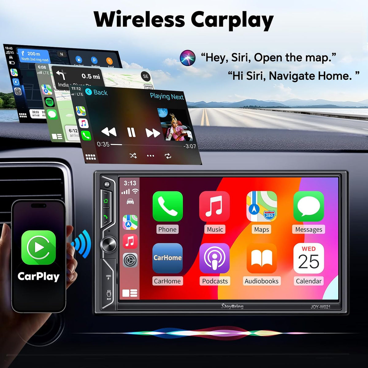 [QLED Screen Upgrade] 7" Double Din Car Stereo with Wireless Apple CarPlay and Android Auto, 240W Powerful Sound