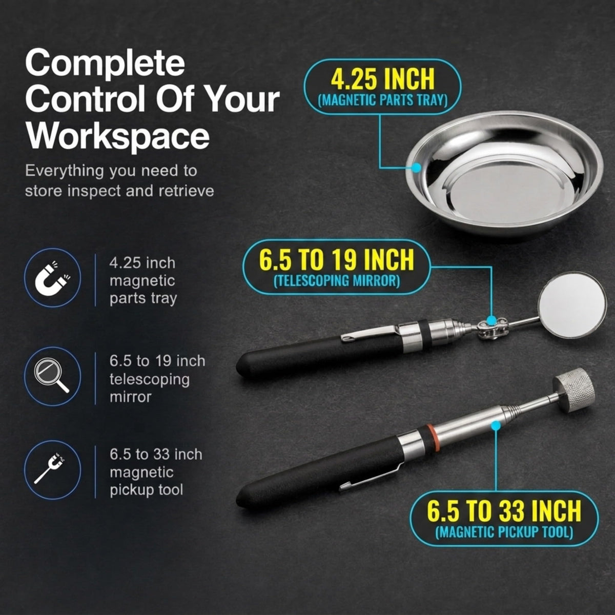 Magnetic Parts Tray Set, 3-Piece Magnetic Bowl, Telescoping Magnet Pickup Tool and Inspection Mirror, Screw Nut Bolt