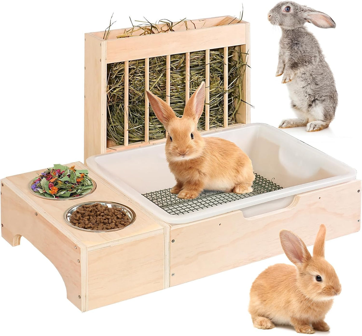 3 in 1 Extra Large Rabbit Hay Feeder with Litter Box, Wooden Bunny Toilet