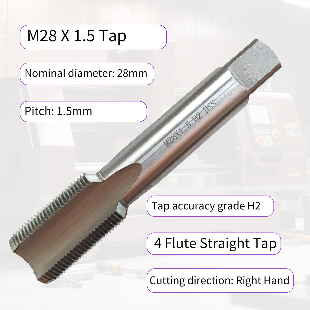 M28 X 1.5 Tap, Right Hand, 1.5mm Pitch, Straight Flute, 4 Flute
