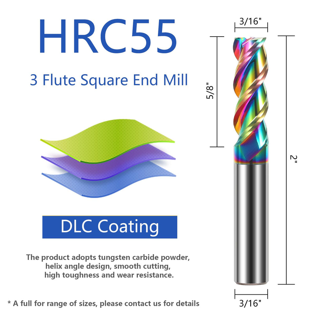 AYCHOLIZ 3/16" Solid Carbide Flat End Mills Set 3 Flute Diamond-Like Coating End Milling Cutter for Aluminum,Copper,Magnesium Alloys