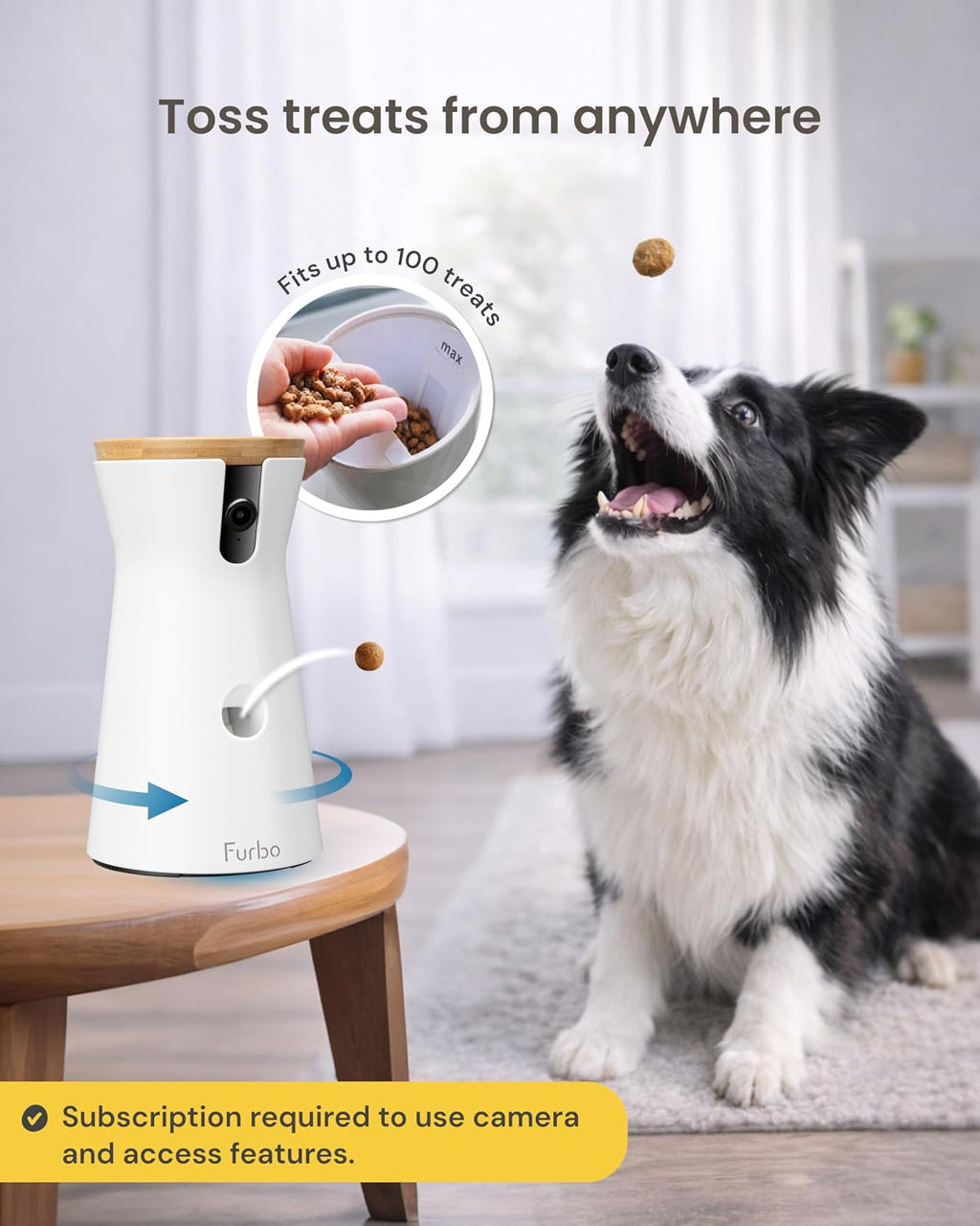360° Dog Camera + Power Adapter [Subscription Required] Unlock w/Paid Plan: Dog Safety Alerts, Rotating Pet Treat