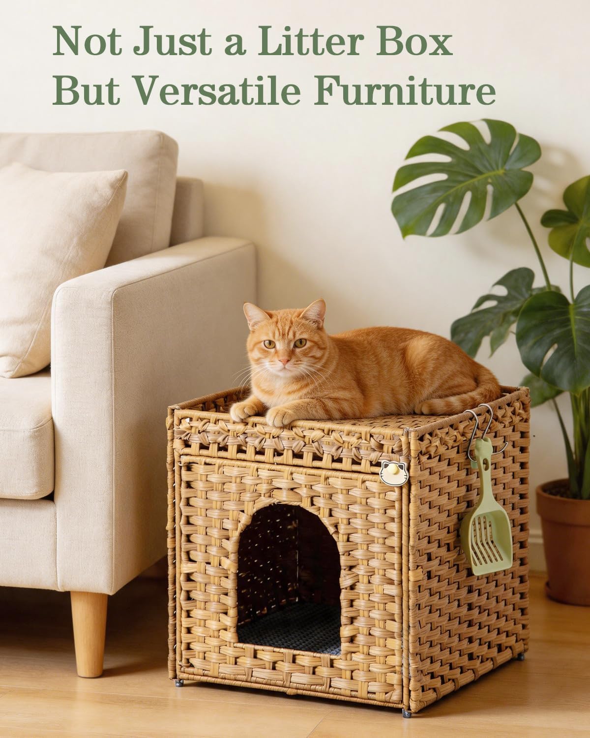 Cat Litter Box Enclosure Furniture, Hidden PE Rattan, Natural