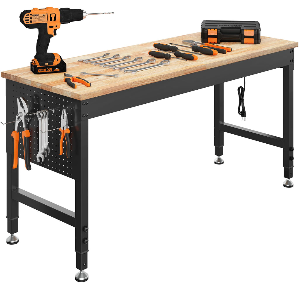 60" Adjustable Workbench, 2000LBS Max Load, Pegboard & Power Strip
