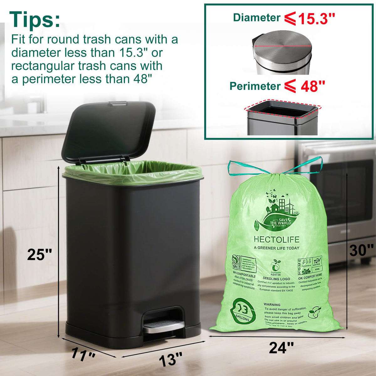 13 Gallon 100 Count Compostable Trash Bags with Home