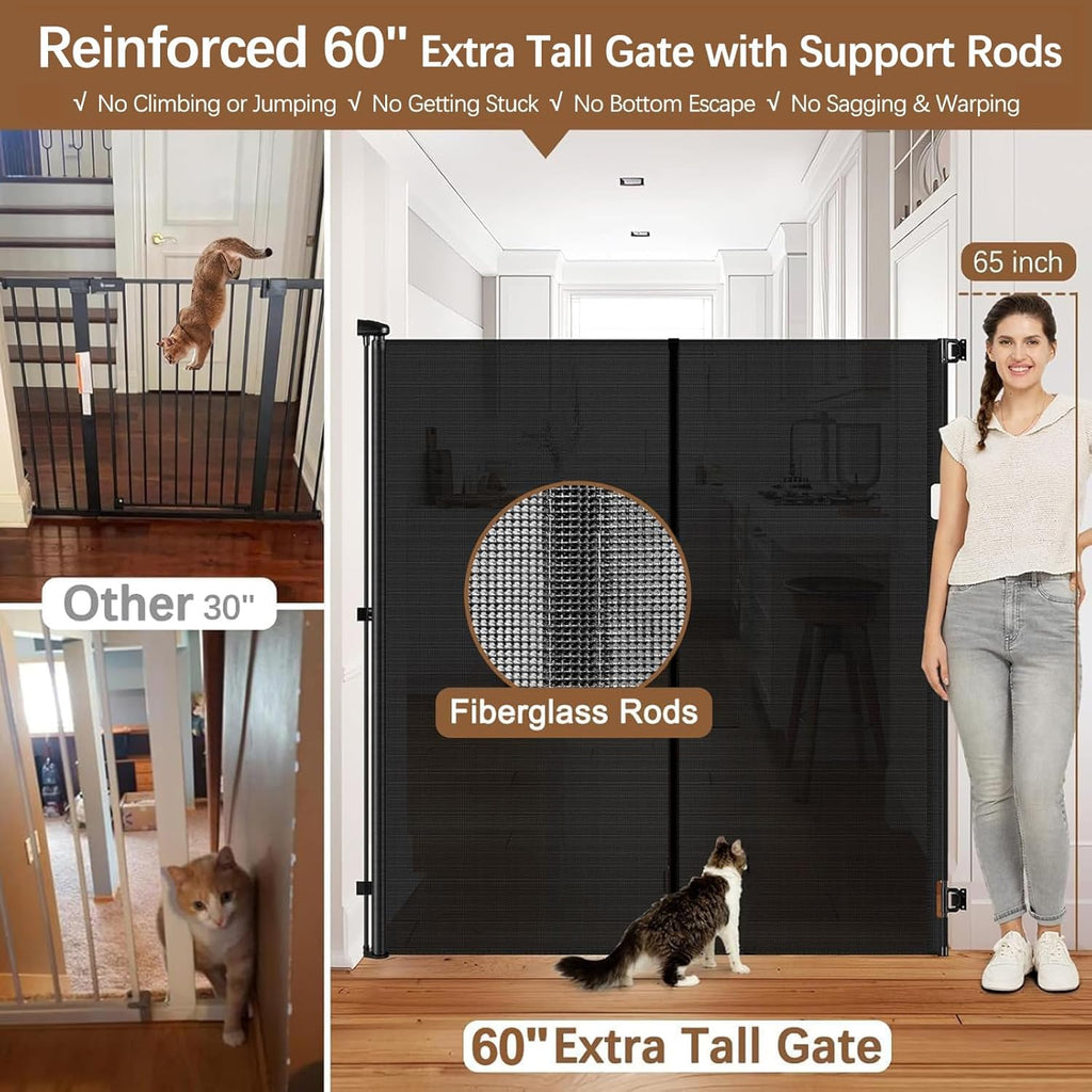 60" x 55" Wide Extra-Wide Retractable Indoor Mesh Pet & Child Safety Gate with One-Hand Safety Lock for Wide Openings, Patios & Stairways — Black