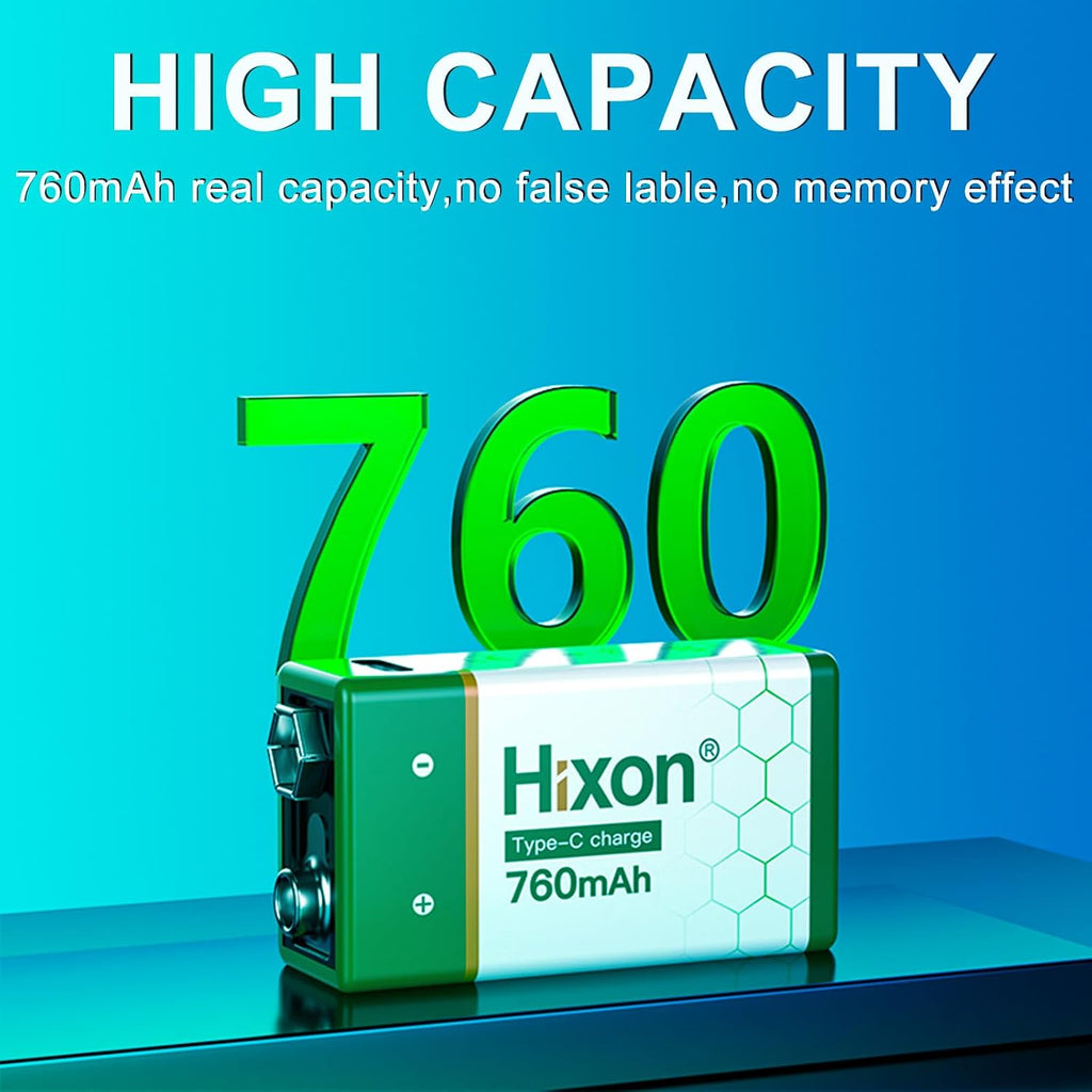 USB 9V Rechargeable Lithium Batteries - Long-Lasting 760mAh 9 Volt LI-ion Batteries with Type C Charging Cable - for