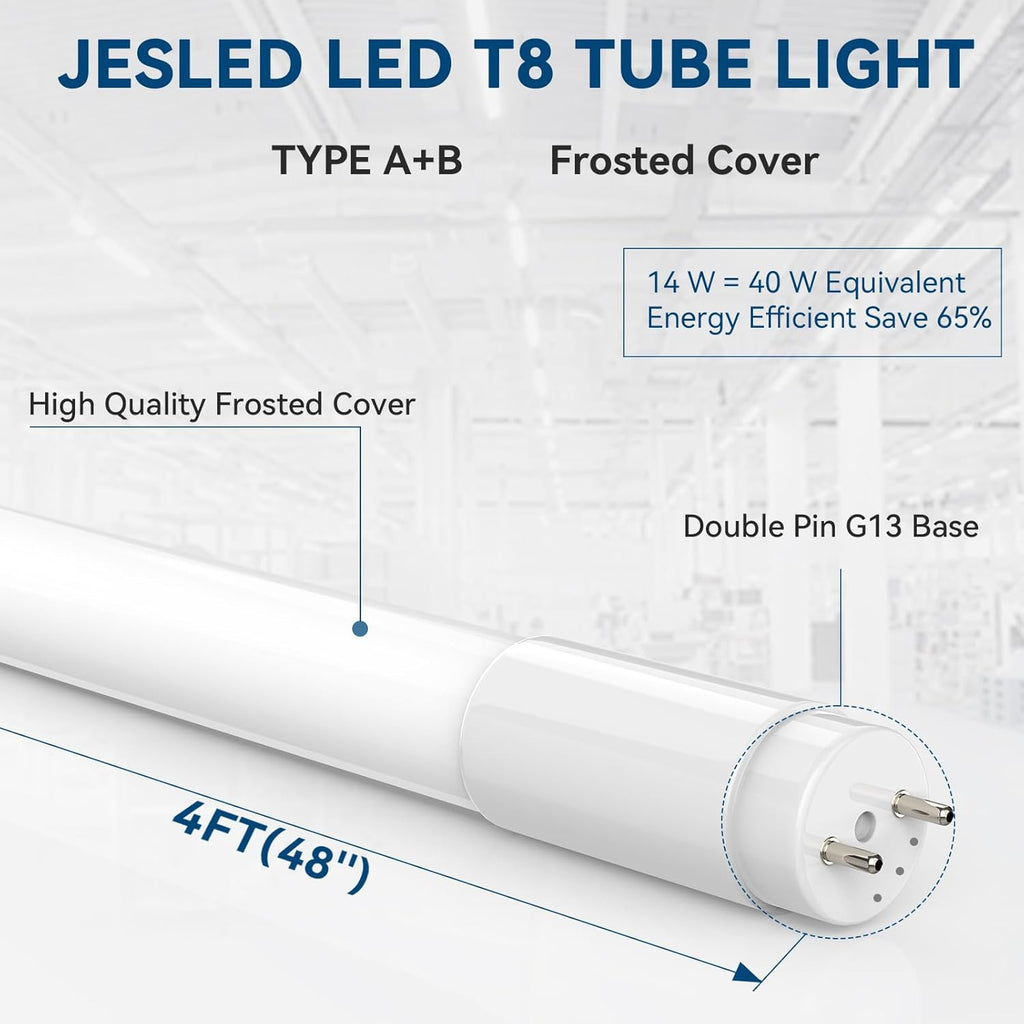 JESLED 10Pack T8 LED Bulbs 4 Foot, 4FT Fluorescent Replacement, Type A+B,14W 2450LM 4000K Neutral White, Plug & Play or Ballast Bypass, G13, T8 T10 T12 LED Replacement, Frosted Cover