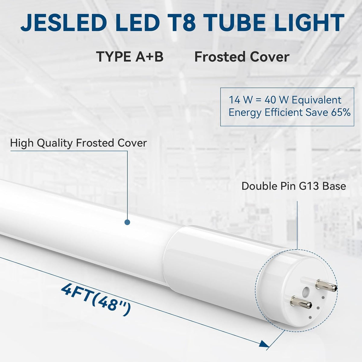 JESLED 10Pack T8 LED Bulbs 4 Foot, 4FT Fluorescent Replacement, Type A+B,14W 2450LM 4000K Neutral White, Plug & Play or Ballast Bypass, G13, T8 T10 T12 LED Replacement, Frosted Cover