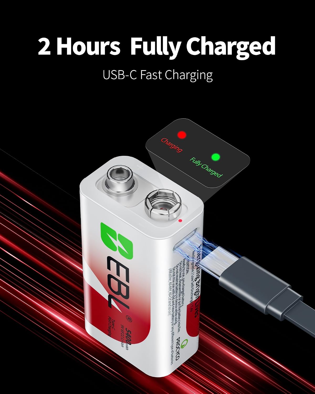 Rechargeable 9V Lithium Battery 5400mWh, USB-C 2H Fast Charge (2 Pack) | Mercury-Free, 40% Lighter - recharge in 2