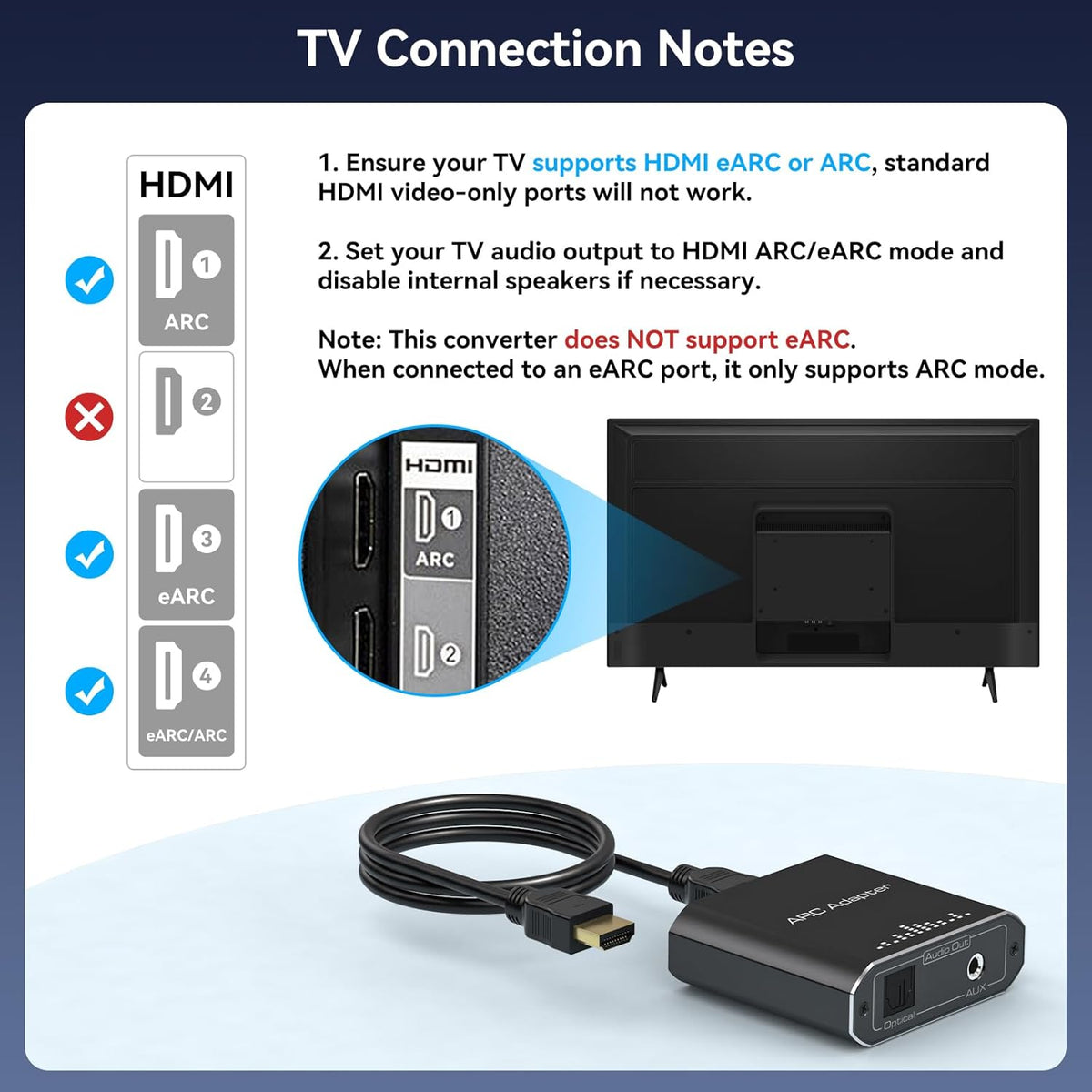 HDMI ARC Audio Extractor 192KHz Just Work for HDTV ARC to Optical/RCA Audio Converter RCA to 3.5MM AUX+Toslink Output