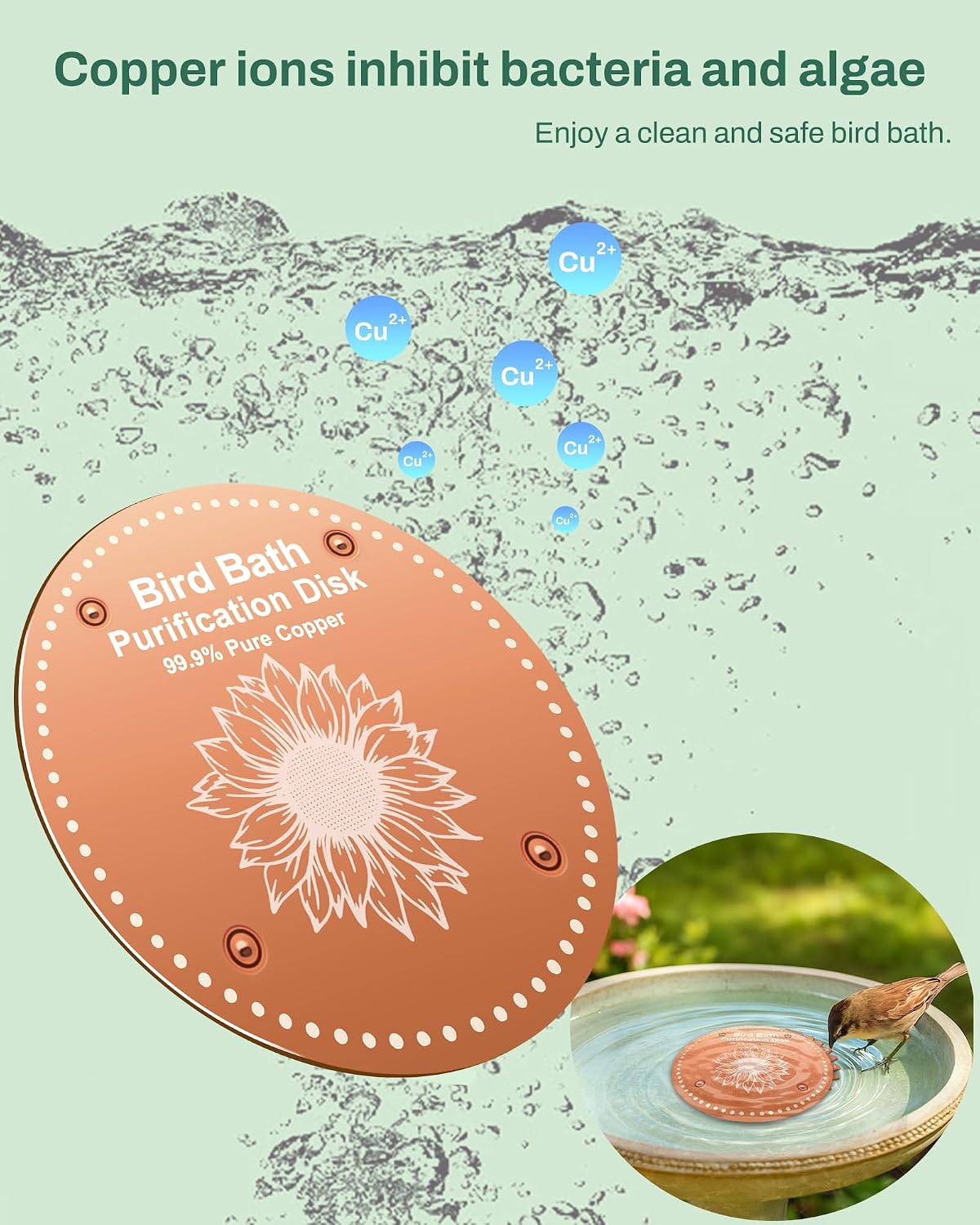 Bird Bath Purification Disk Pure Copper Outside Winter Solar Power Birdbath Hummingbird Bee Water Fountain Solar