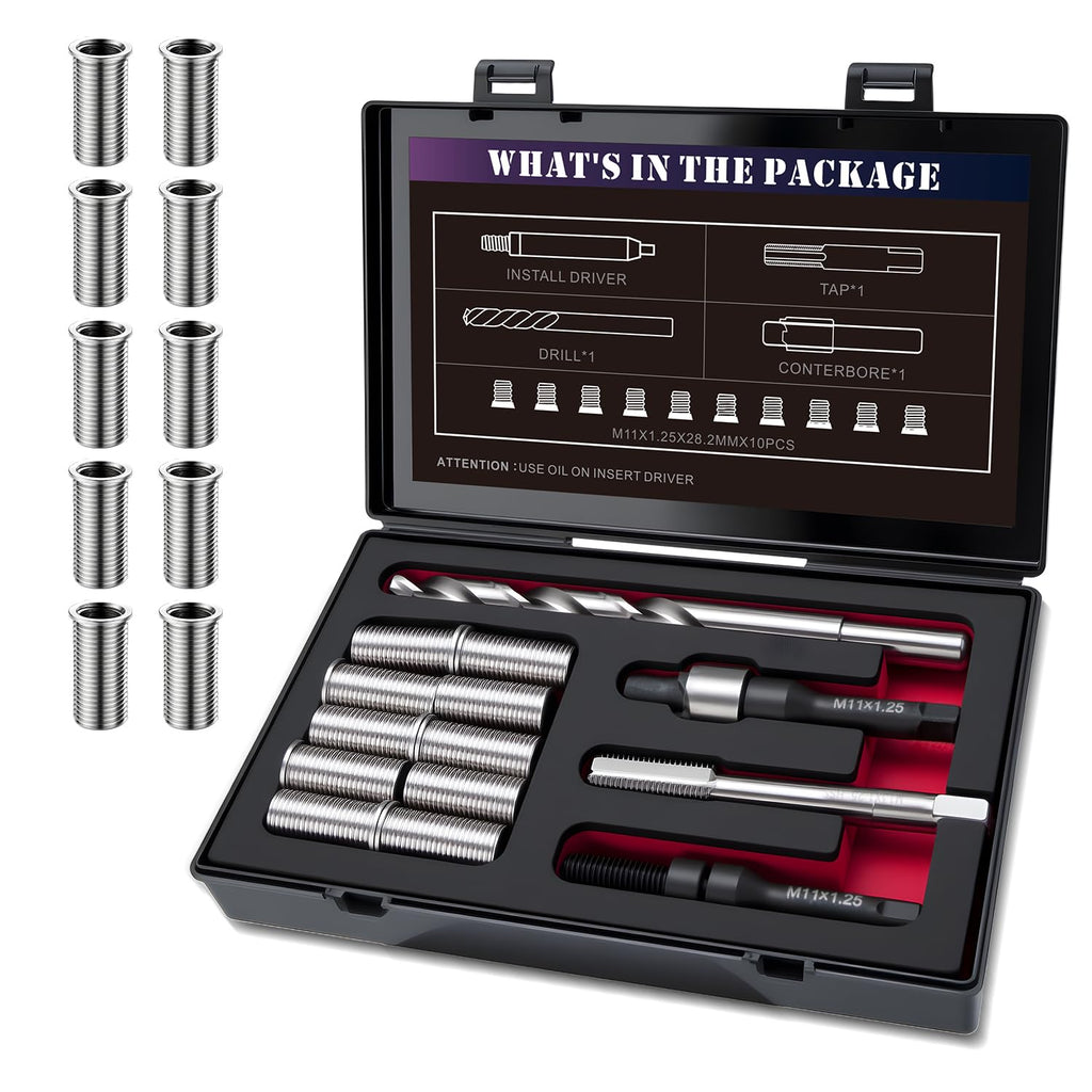 SENNMONN M11x1.25 Metric Thread Repair Kit with HSS Drill & Tap, Counterbore, Installation Driver, 10PCS M11X1.25X28.2MM 304 Stainless Steel Solid Inserts